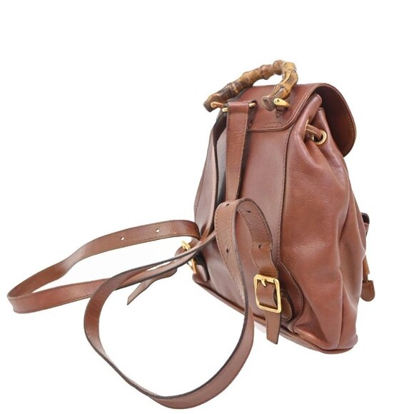 GUCCI Logo Bamboo Drawstring Mini Backpack Bag Leather Brown GHW Italy 38EG182 main image 12